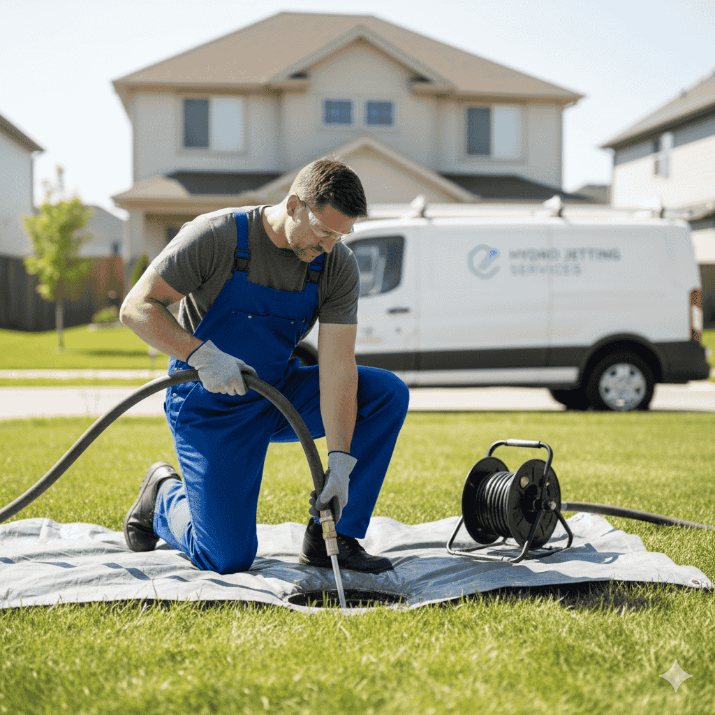 High-pressure 4000 PSI hydro jetting nozzle clearing tree roots and grease from sewer line in Rosenberg